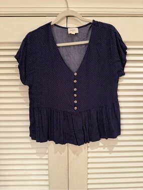 Everly Navy Polka Dot V-Neck Button-Front Peplum Blouse